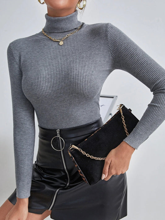 Buy Shein Solid High Neck Rib Knit Sweater in Pakistan