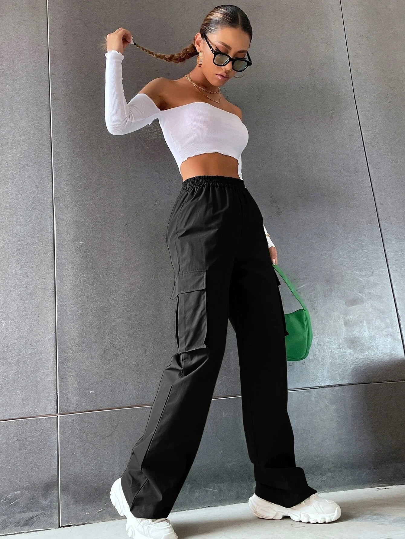 Buy SHEIN EZwear Solid High Waist Flap Pocket Cargo Pants in Pakistan