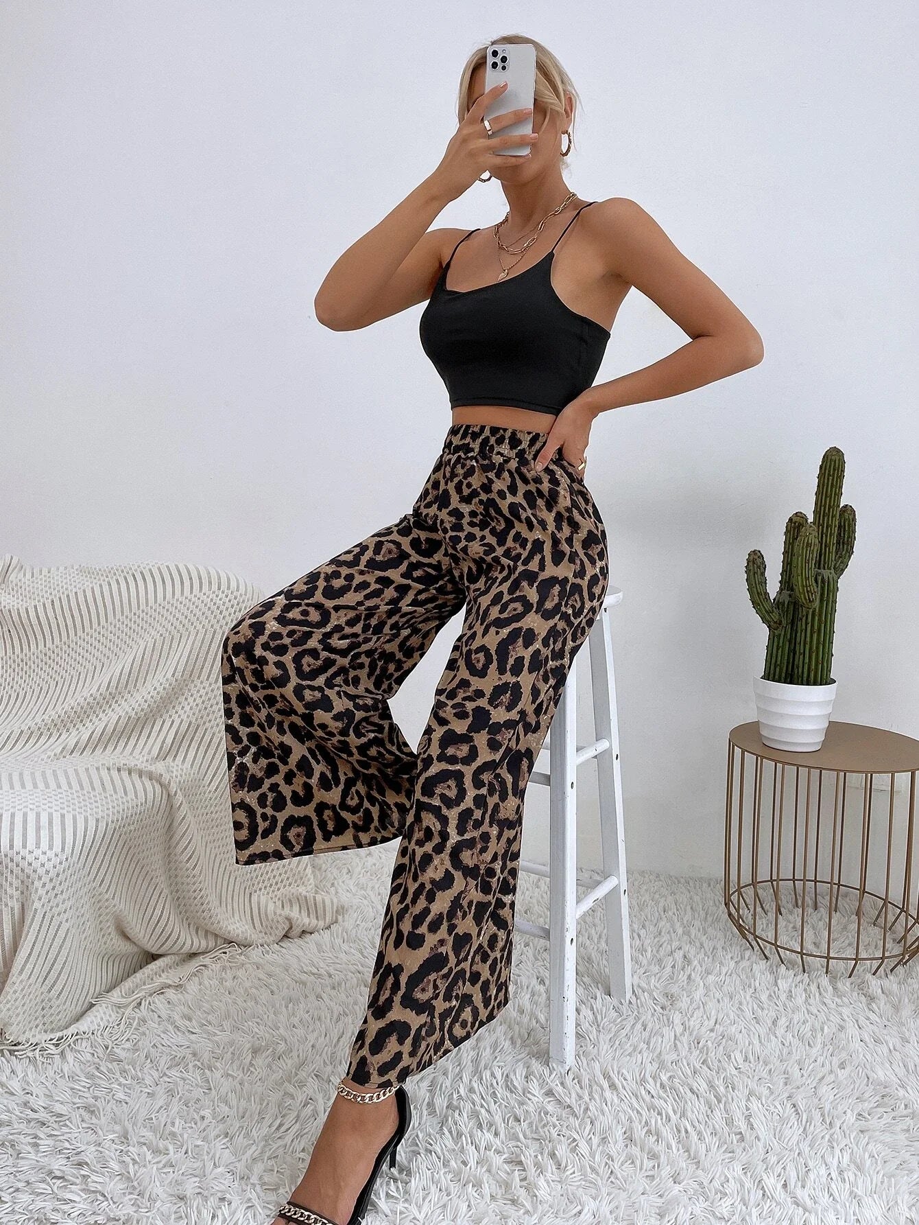 Buy SHEIN VCAY Leopard Print Wide Leg Pants in Pakistan