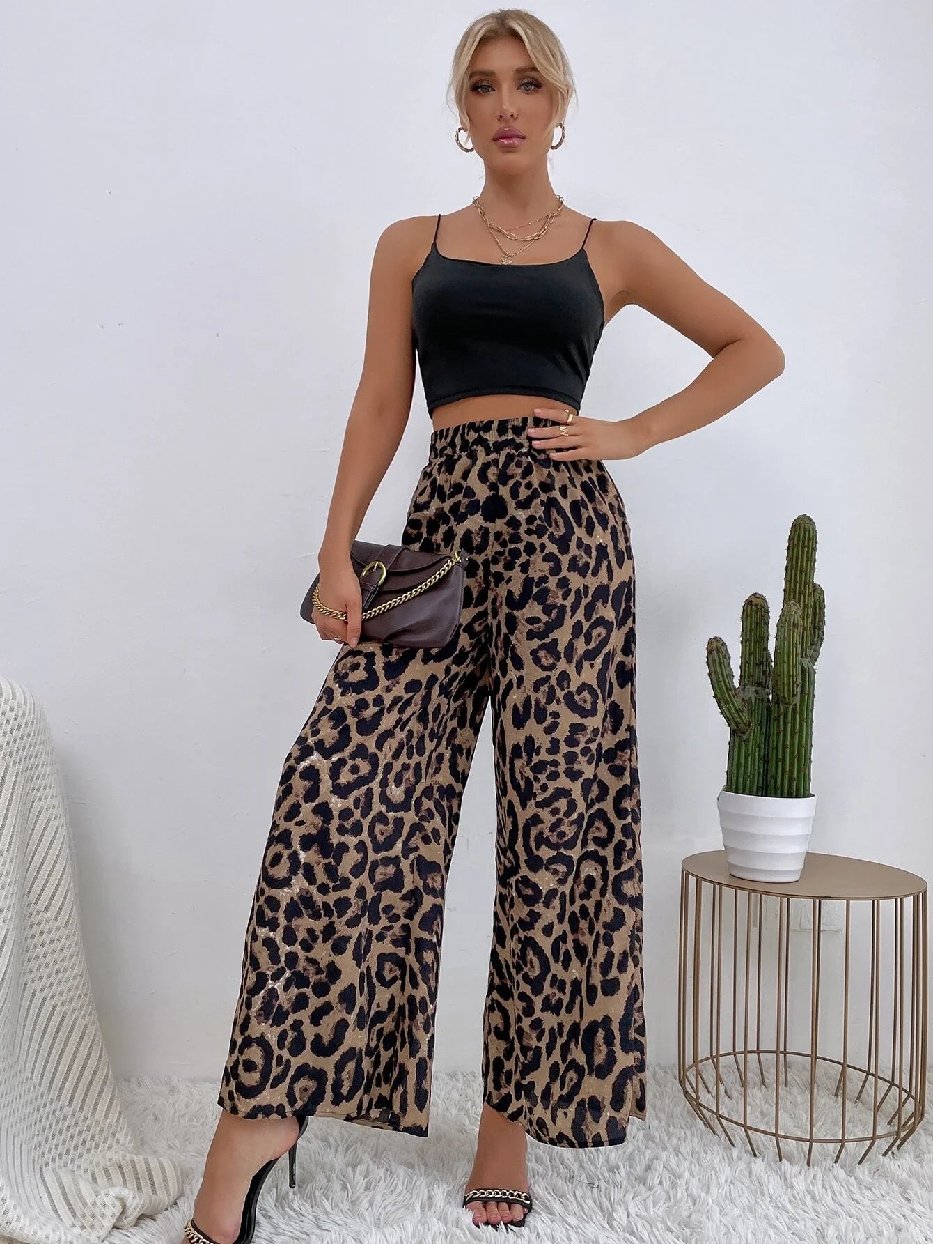 Buy SHEIN VCAY Leopard Print Wide Leg Pants in Pakistan