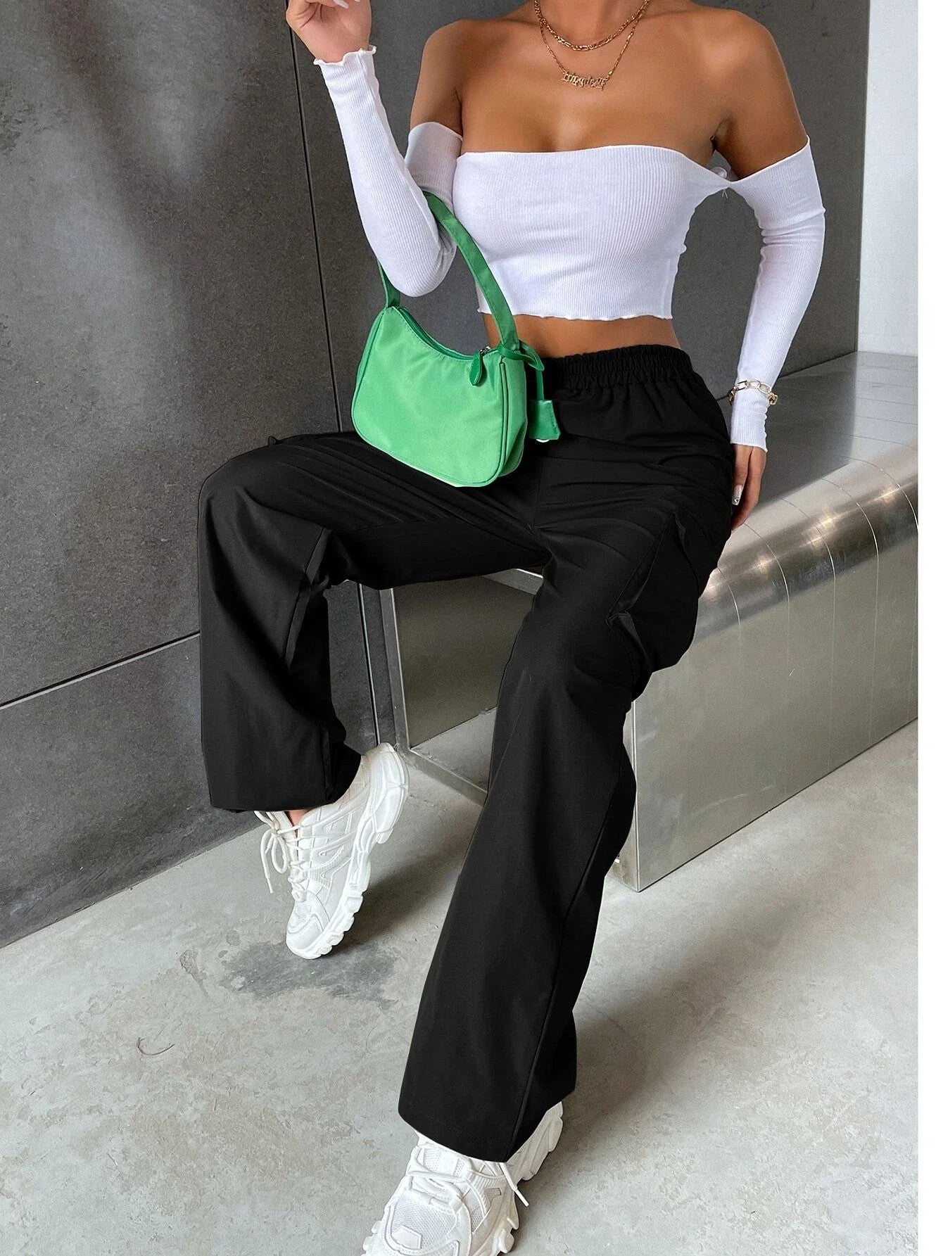 Buy SHEIN EZwear Solid High Waist Flap Pocket Cargo Pants in Pakistan