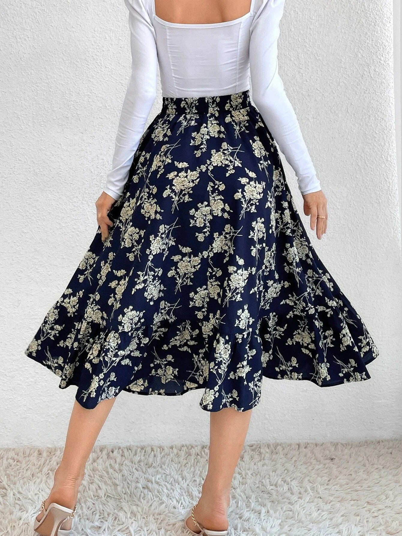 Buy Shein Allover Floral Print Ruffle Hem Skirt in Pakistan