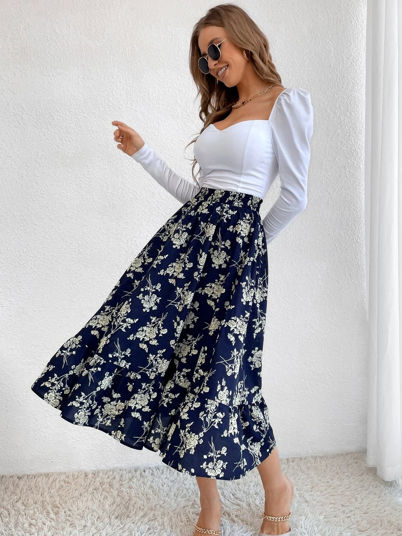 Buy Shein Allover Floral Print Ruffle Hem Skirt in Pakistan