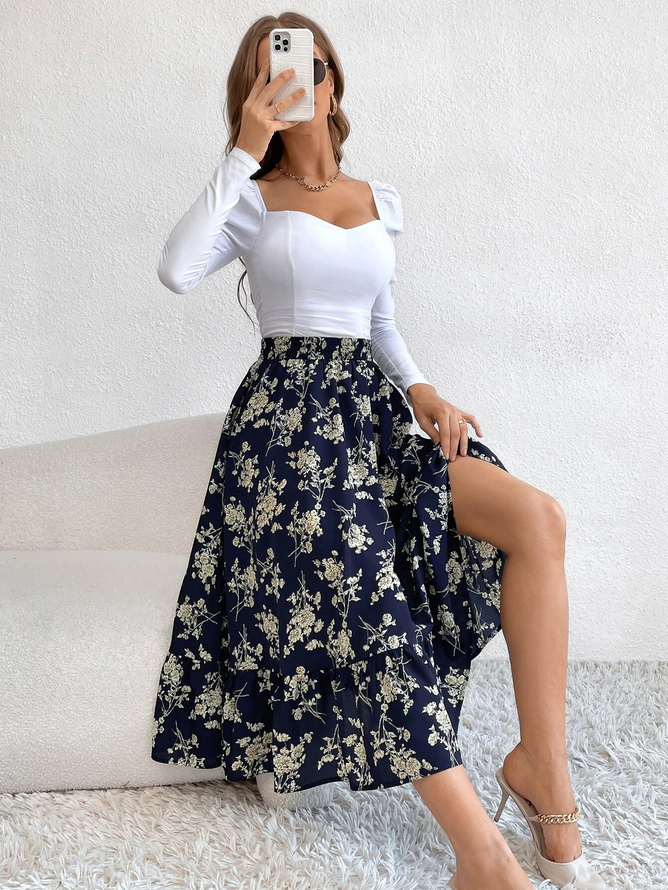 Buy Shein Allover Floral Print Ruffle Hem Skirt in Pakistan