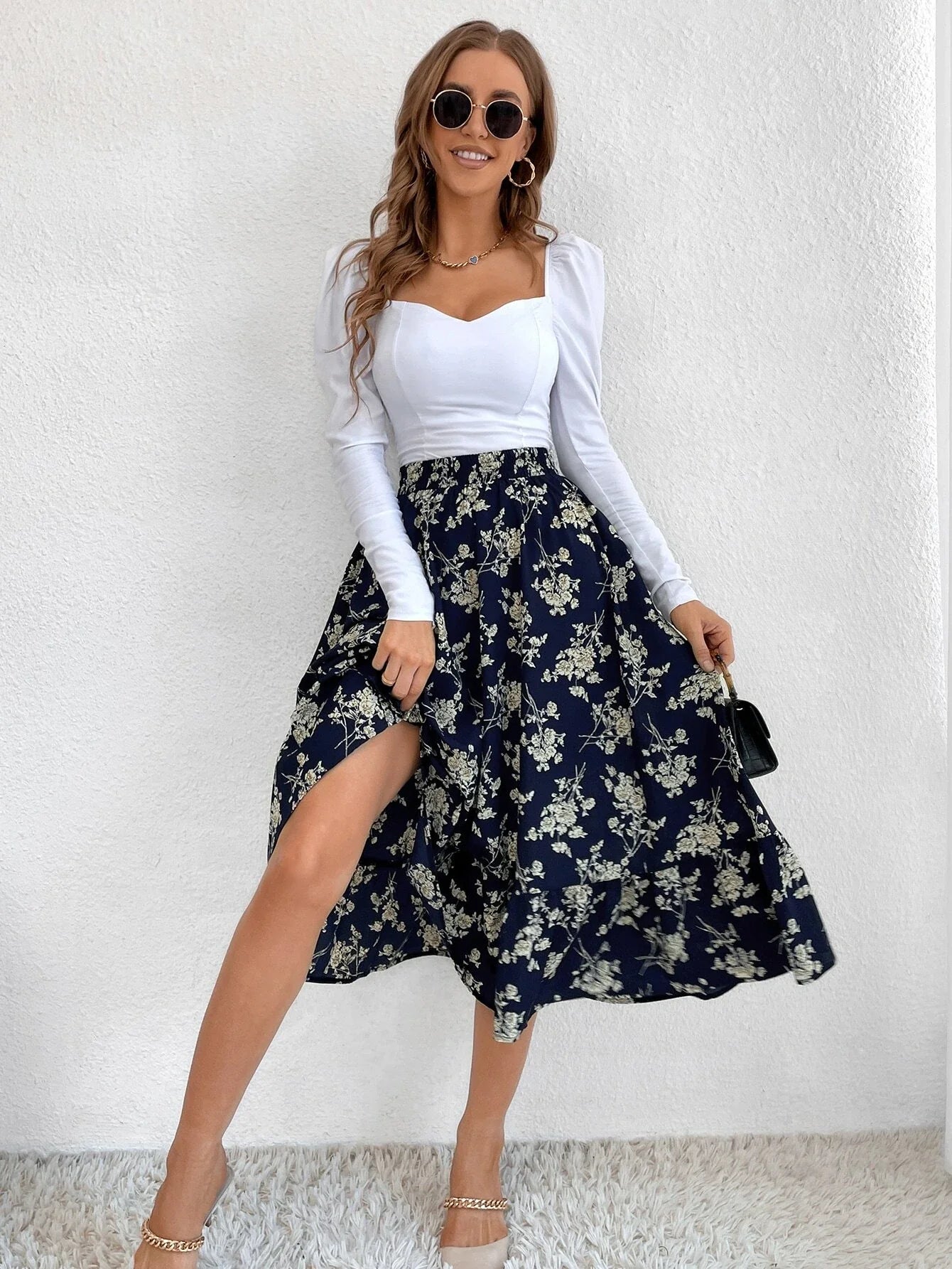 Buy Shein Allover Floral Print Ruffle Hem Skirt in Pakistan