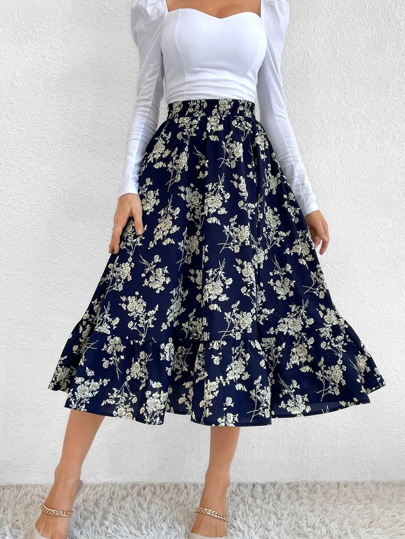 Buy Shein Allover Floral Print Ruffle Hem Skirt in Pakistan