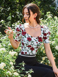 Buy SHEIN Floral Print Puff Sleeve Sweetheart Neck Tee in Pakistan