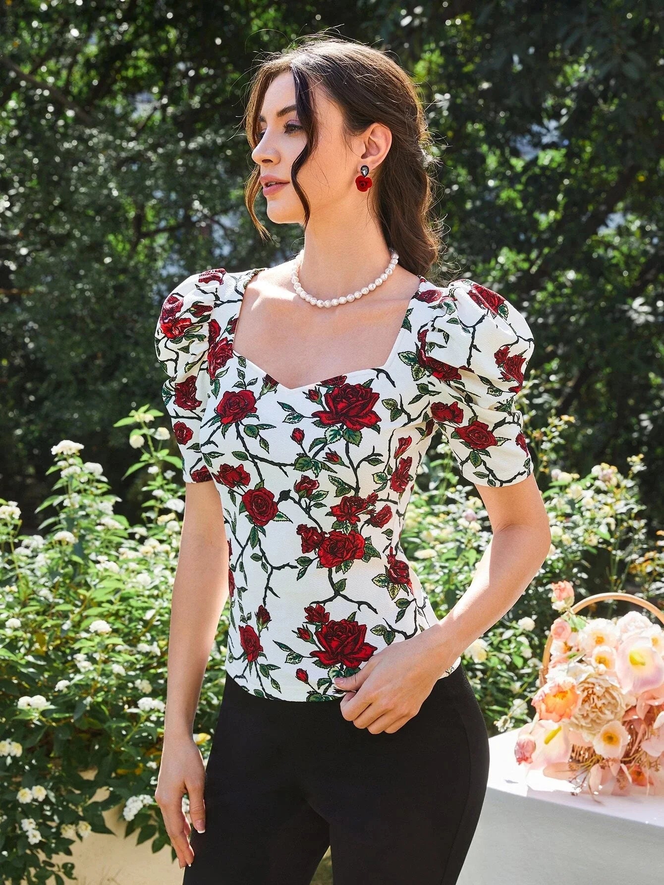 Buy SHEIN Floral Print Puff Sleeve Sweetheart Neck Tee in Pakistan