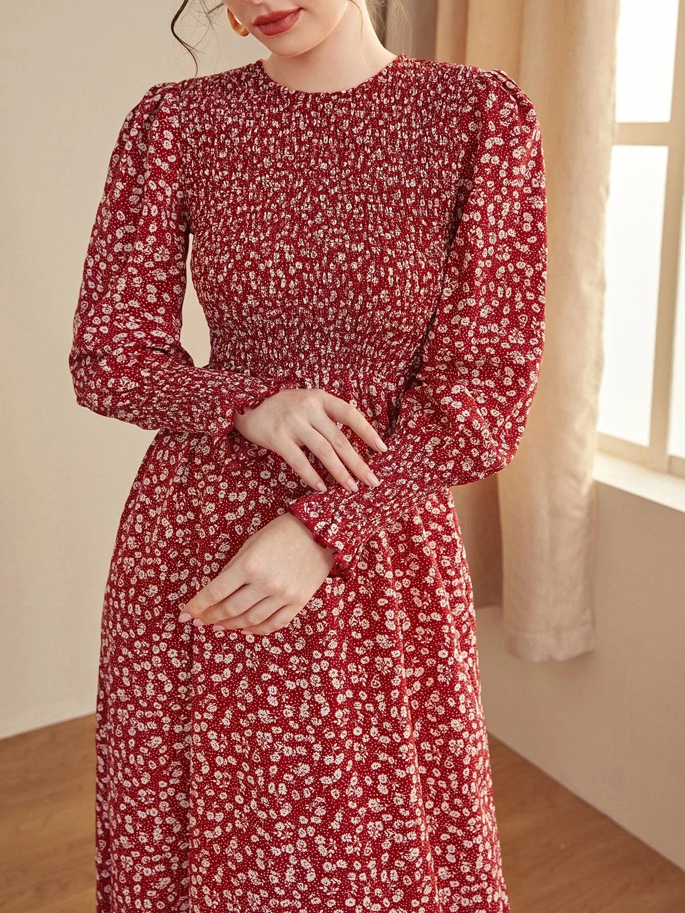 Buy SHEIN Mulvari Ditsy Floral Puff Sleeve Shirred A-line Dress in Pakistan