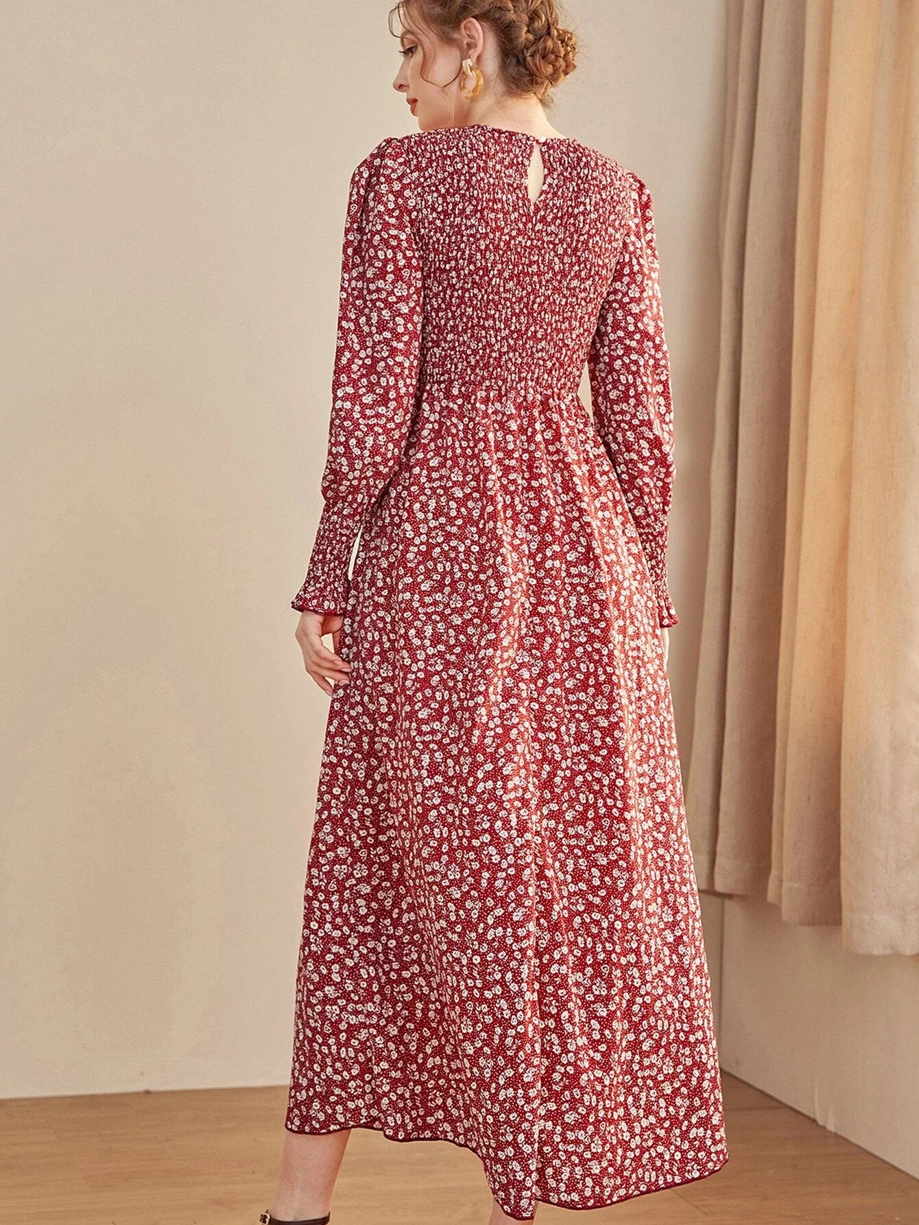 Buy SHEIN Mulvari Ditsy Floral Puff Sleeve Shirred A-line Dress in Pakistan