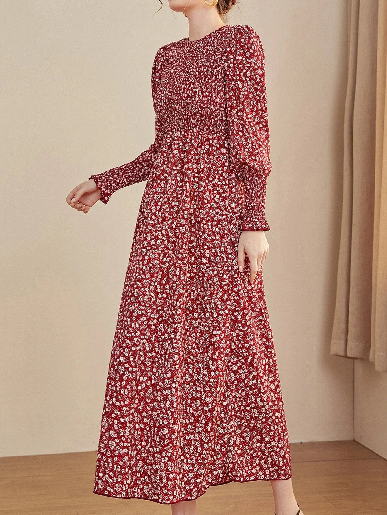 Buy SHEIN Mulvari Ditsy Floral Puff Sleeve Shirred A-line Dress in Pakistan