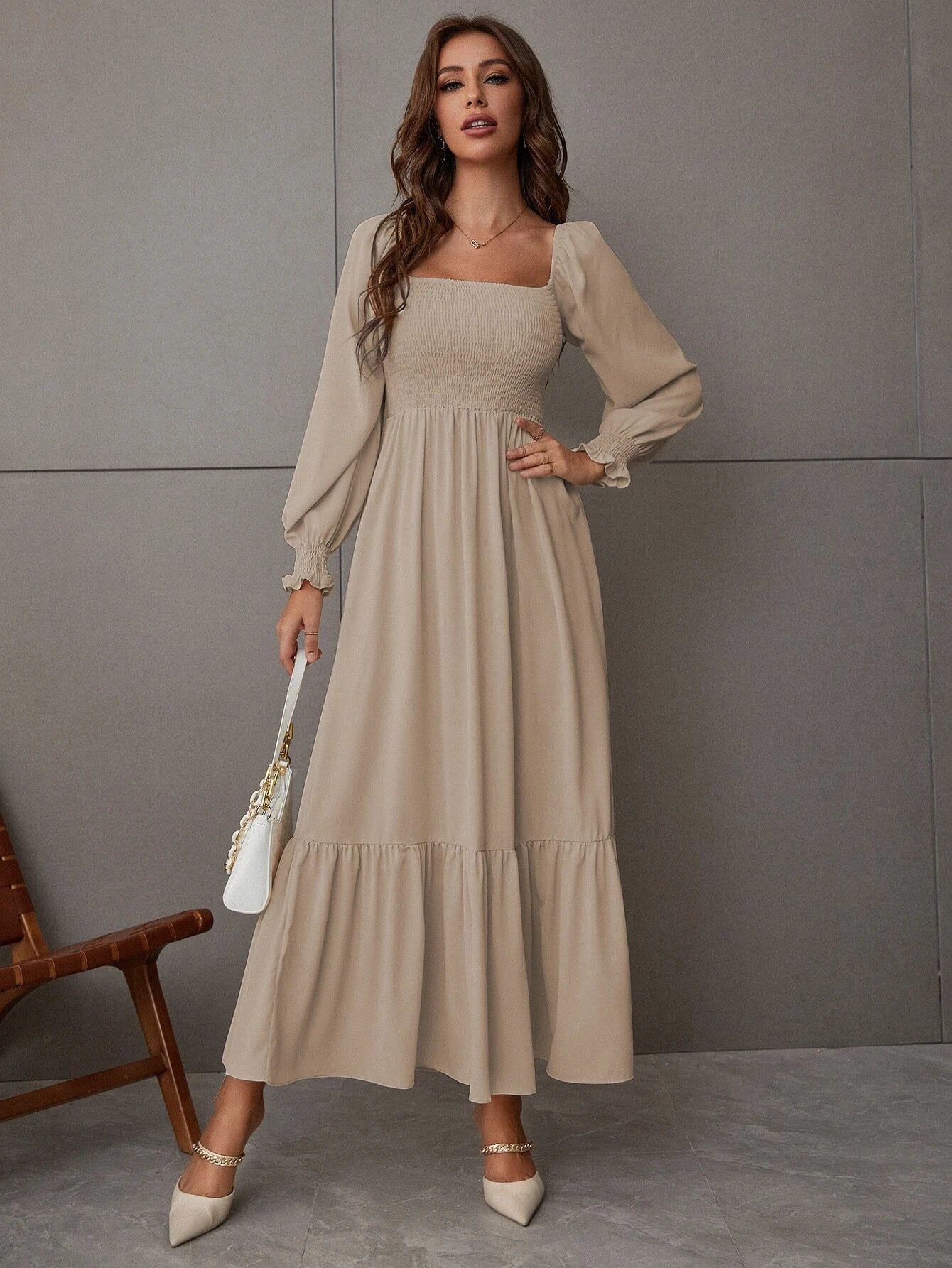 Buy SHEIN Square Neck Shirred Ruffle Hem Dress in Pakistan