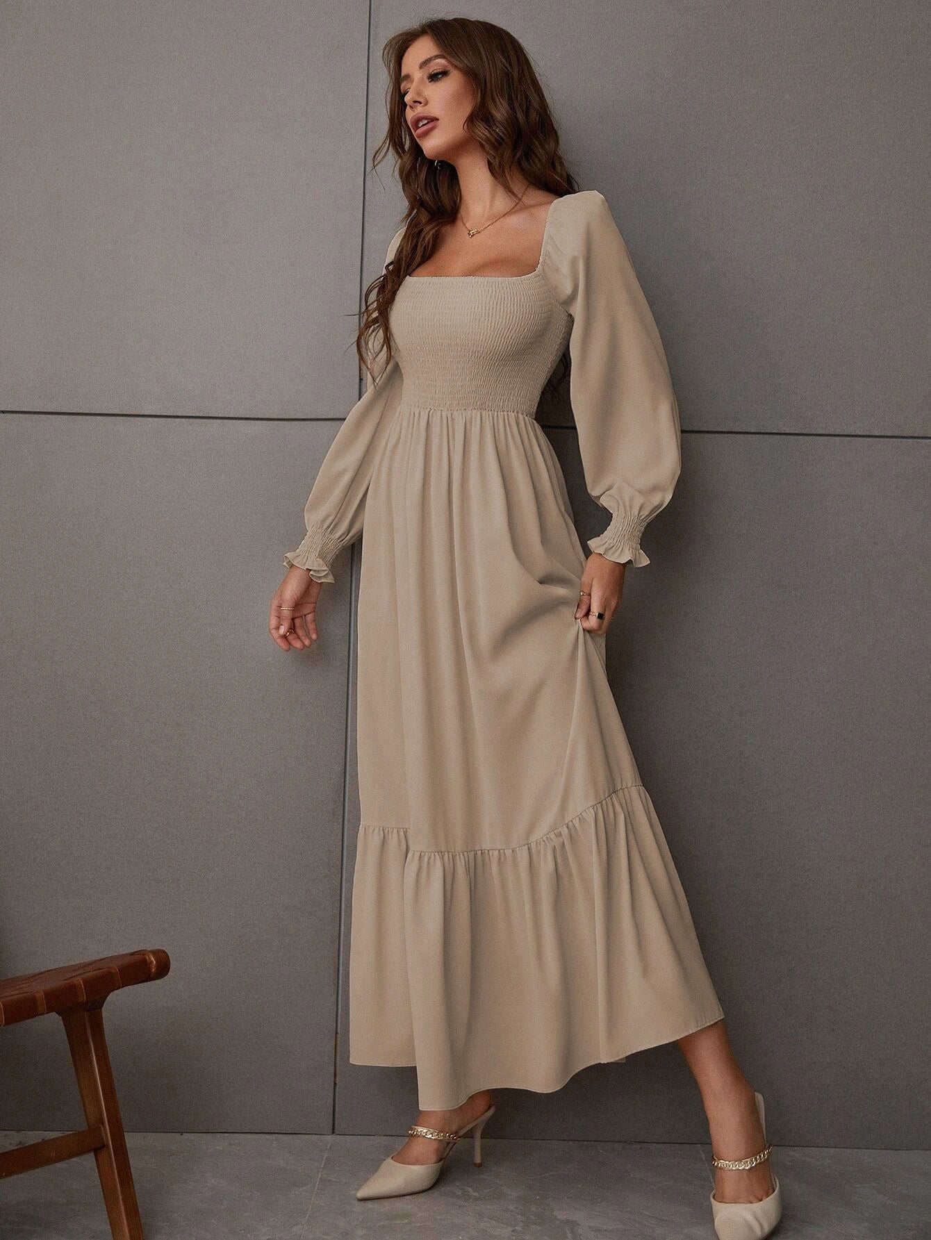 Buy SHEIN Square Neck Shirred Ruffle Hem Dress in Pakistan