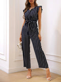 Buy SHEIN Striped Print Ruffle Trim Belted Jumpsuit in Pakistan