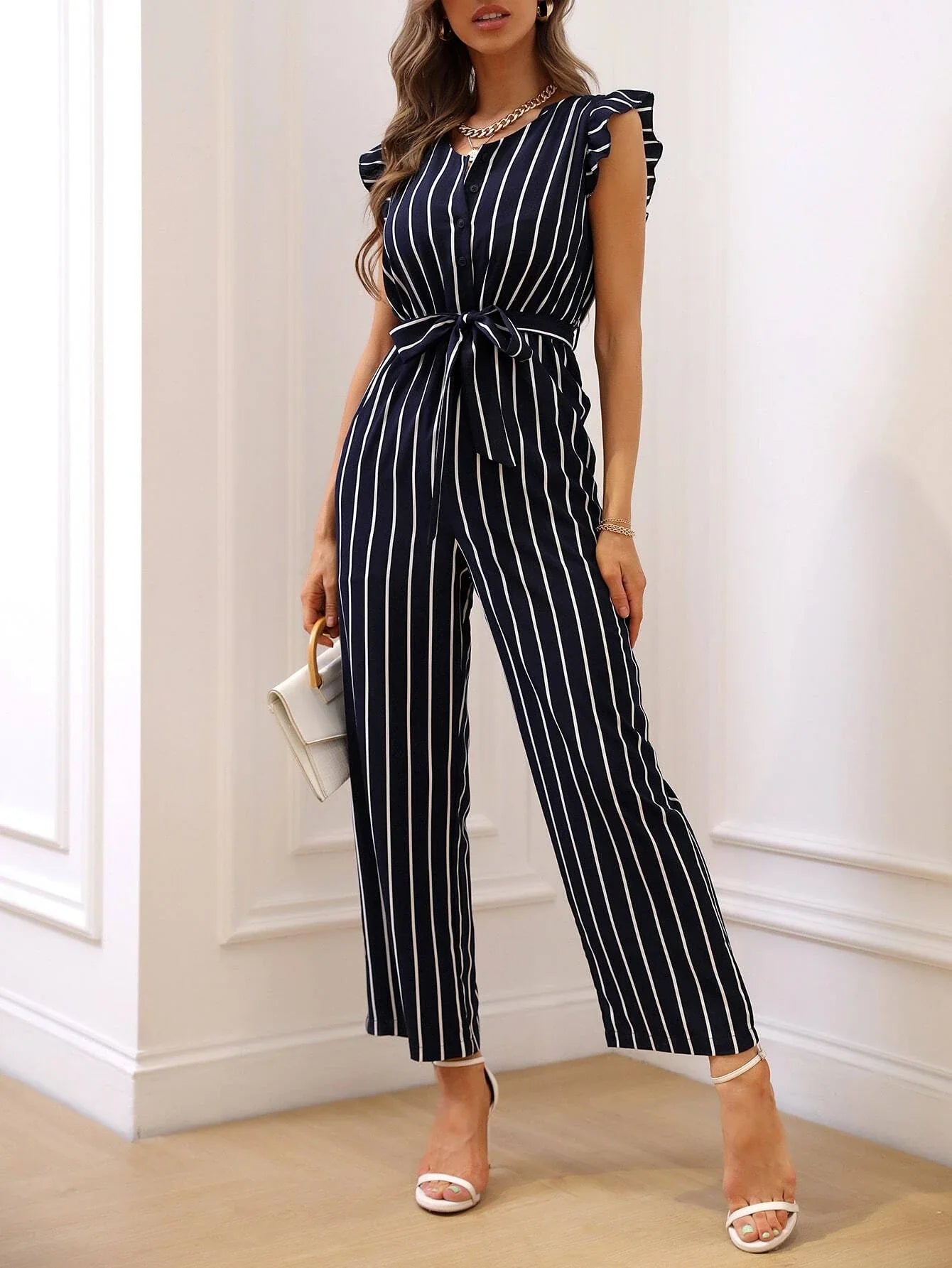 Buy SHEIN Striped Print Ruffle Trim Belted Jumpsuit in Pakistan