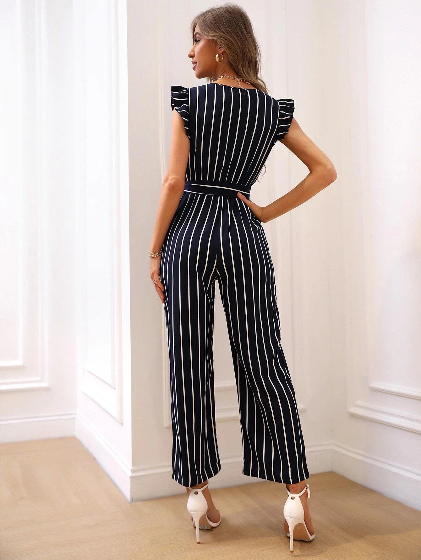 Buy SHEIN Striped Print Ruffle Trim Belted Jumpsuit in Pakistan