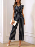 Buy SHEIN Striped Print Ruffle Trim Belted Jumpsuit in Pakistan