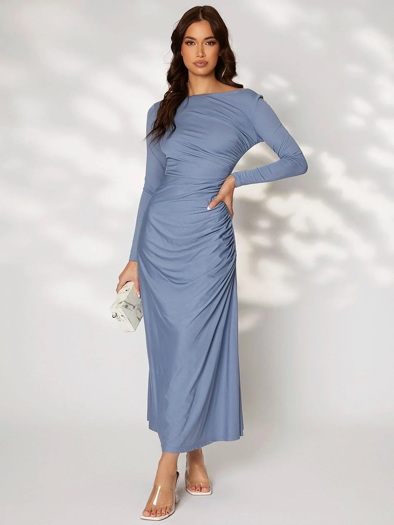 Buy SHEIN Modely Solid Ruched Side Dress in Pakistan