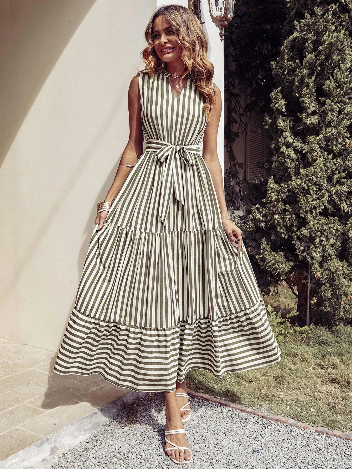 Buy SHEIN Striped Notched Neck Ruffle Hem Dress in Pakistan