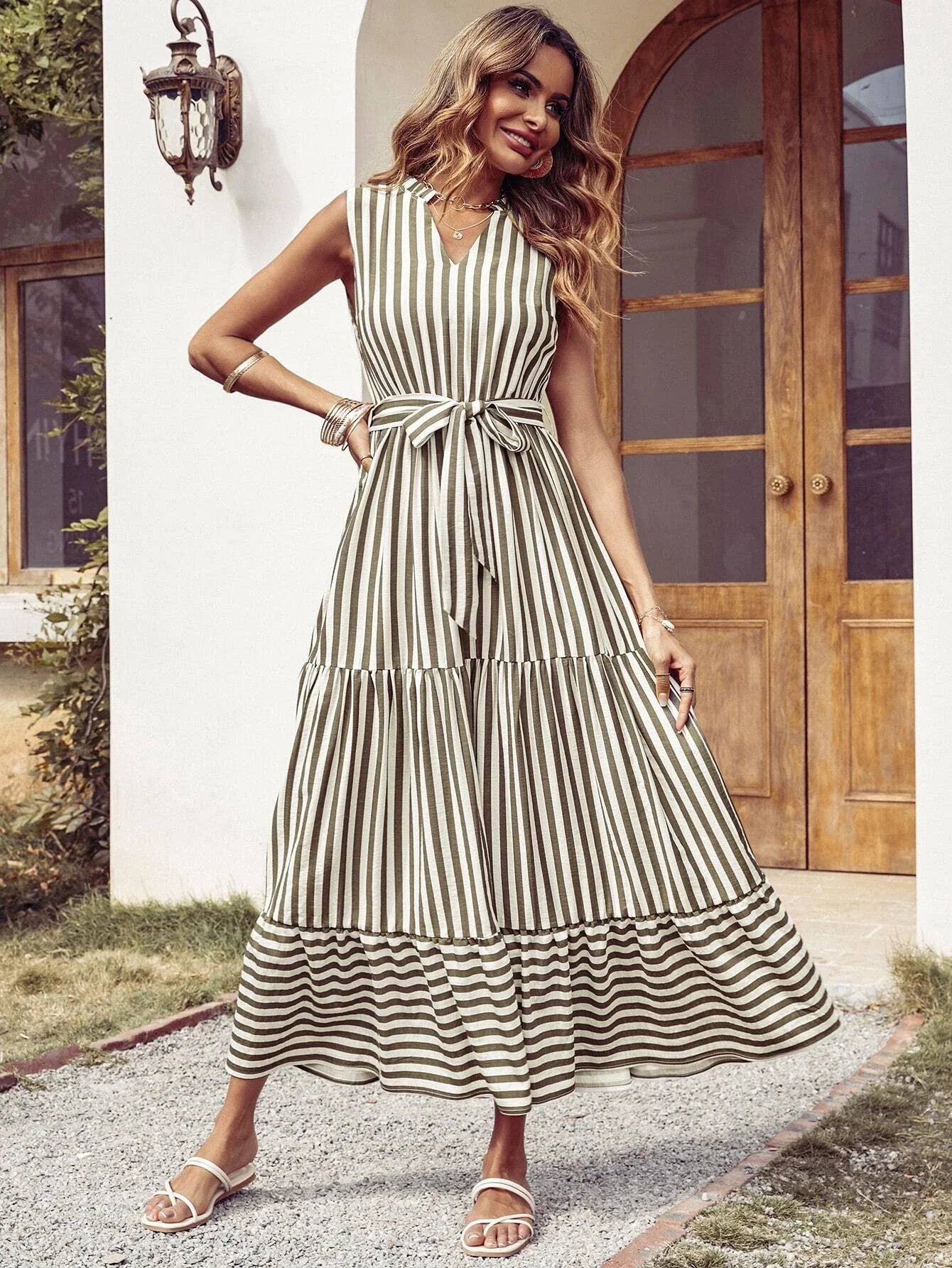 Buy SHEIN Striped Notched Neck Ruffle Hem Dress in Pakistan