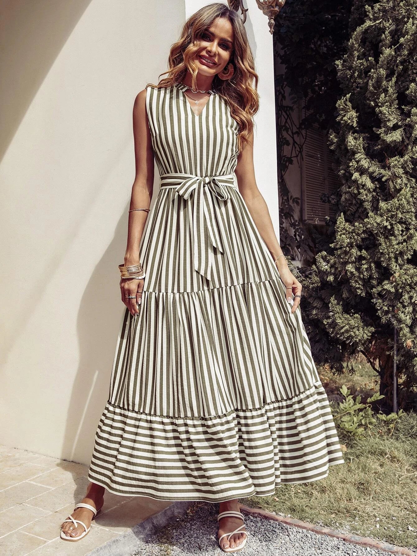 Buy SHEIN Striped Notched Neck Ruffle Hem Dress in Pakistan