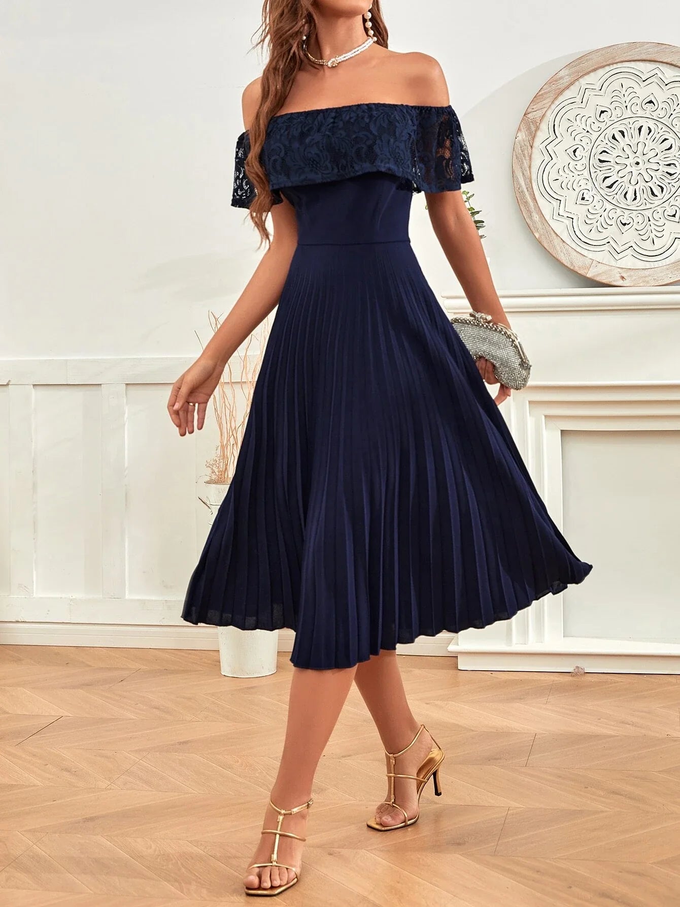 Buy SHEIN Off The Shoulder Contrast Lace Pleated Dress in Pakistan