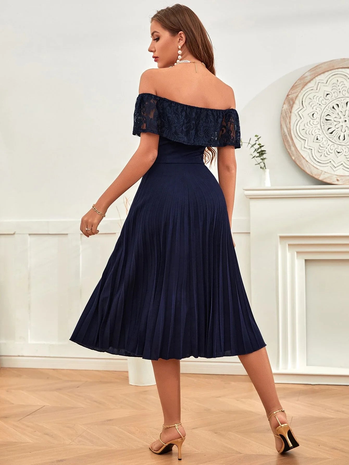 Buy SHEIN Off The Shoulder Contrast Lace Pleated Dress in Pakistan