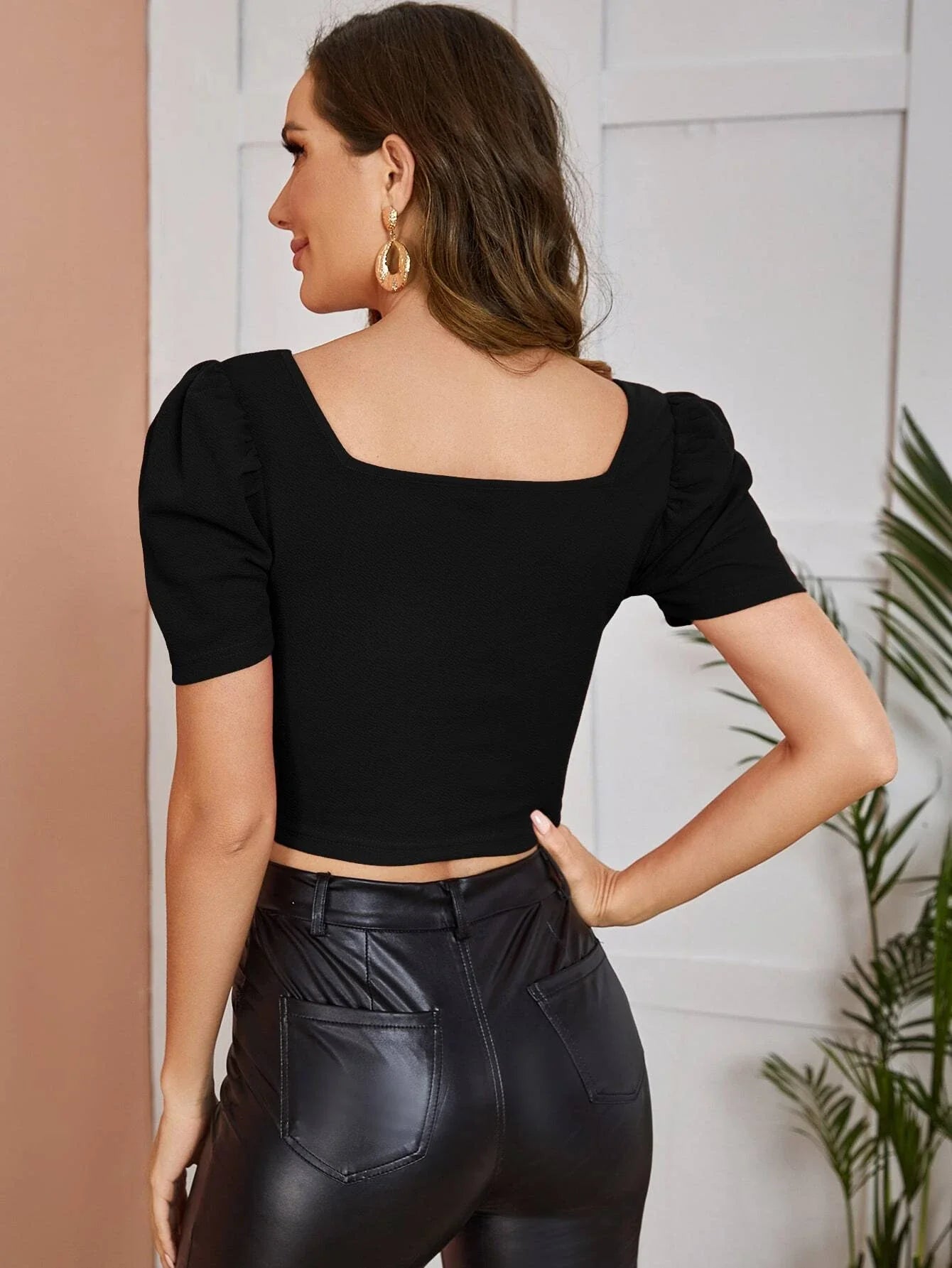 Buy SHEIN Solid Puff Sleeve Crop Top in Pakistan