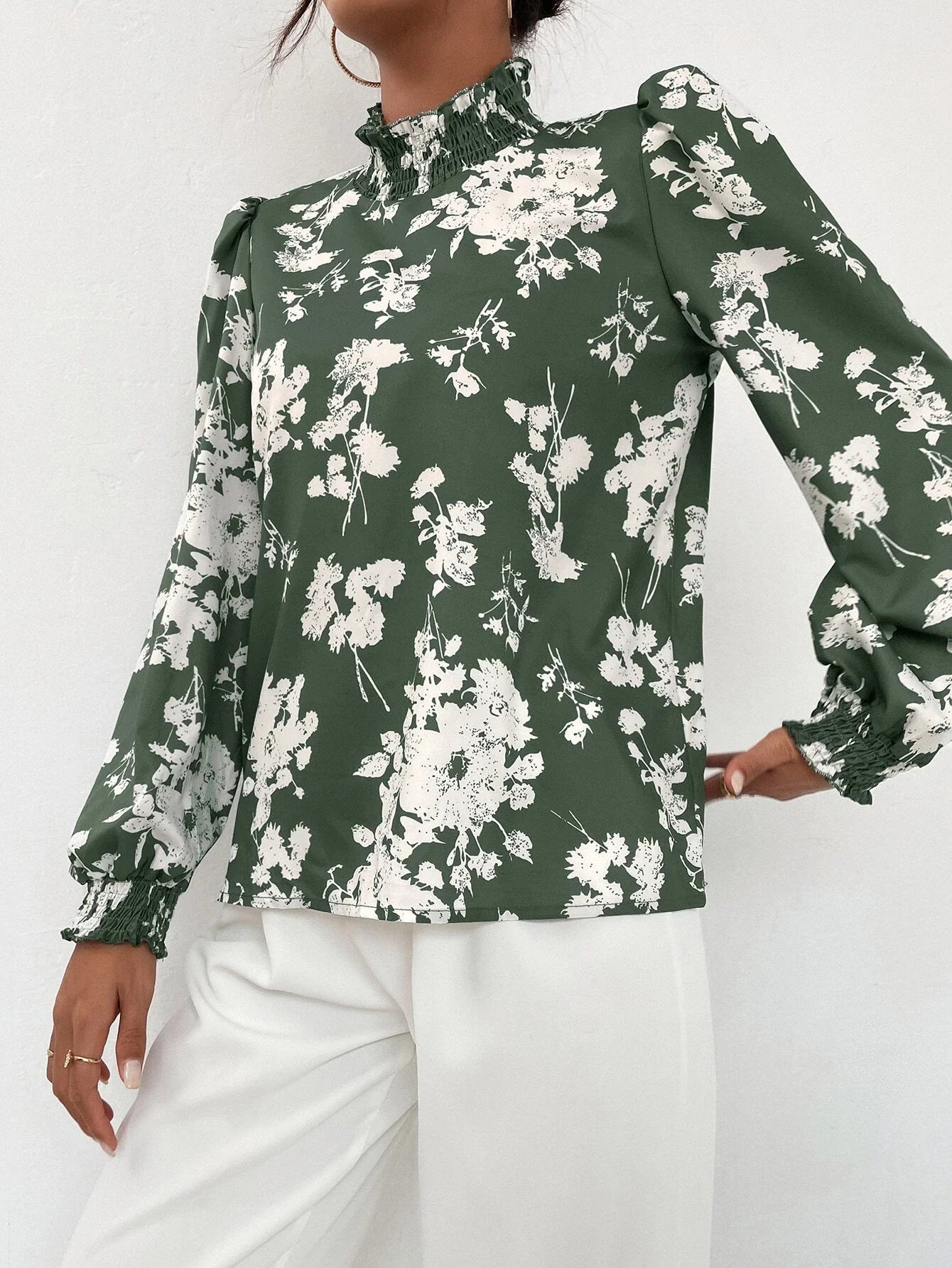 Buy SHEIN Floral Print Stand Collar Bishop Sleeve Blouse in Pakistan