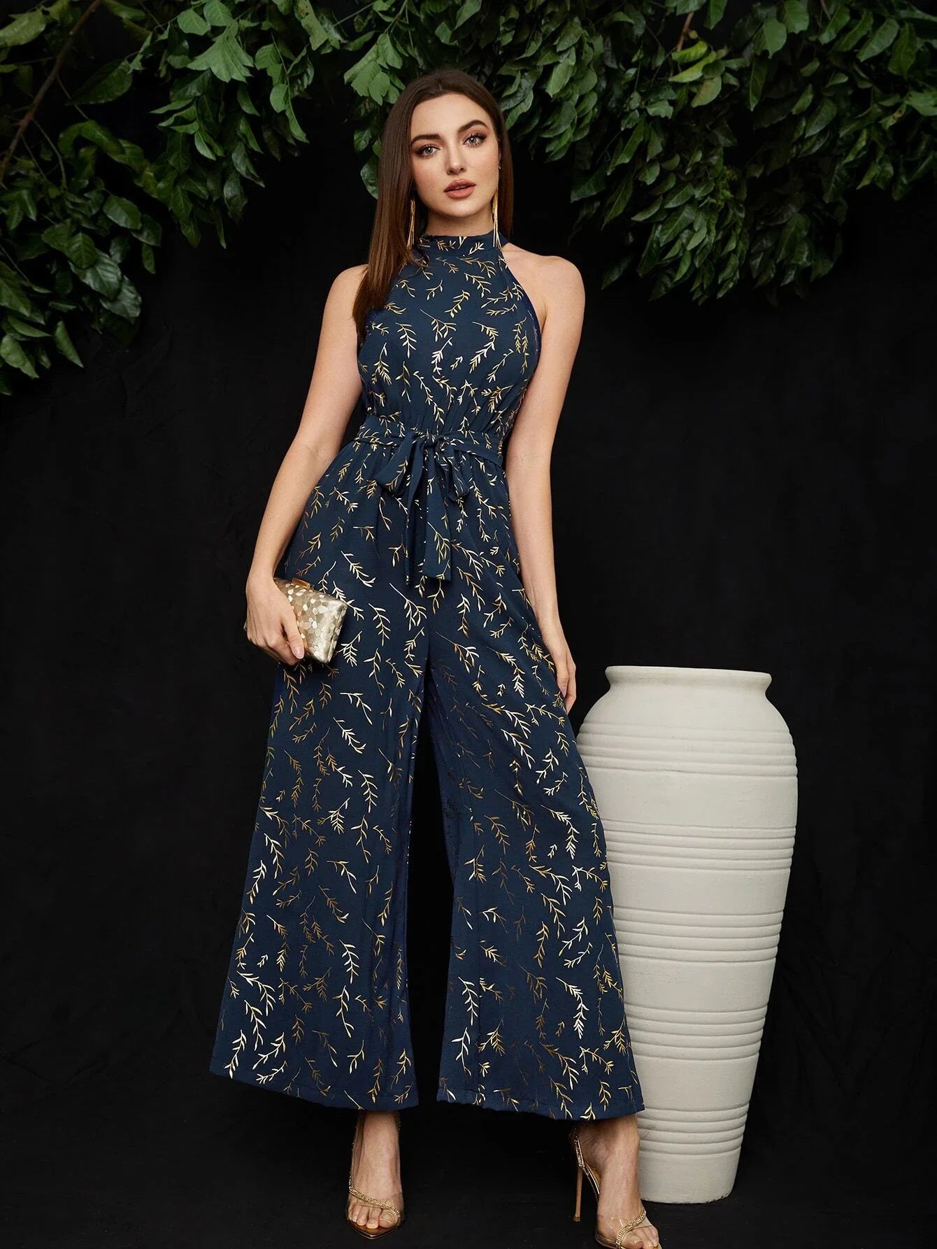 Buy SHEIN Golden Leaf Print Belted Culottes Jumpsuit in Pakistan