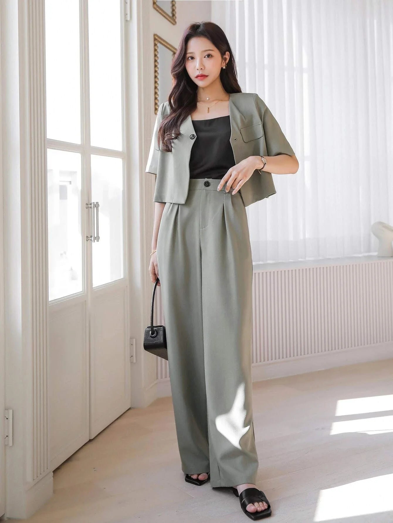 Buy SHEIN DAZY Solid Flap Detail Single Button Top & Wide Leg Pants in Pakistan