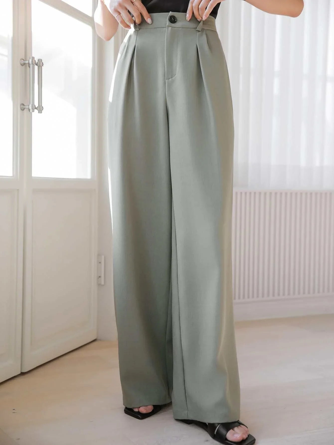 Buy SHEIN DAZY Solid Flap Detail Single Button Top & Wide Leg Pants in Pakistan