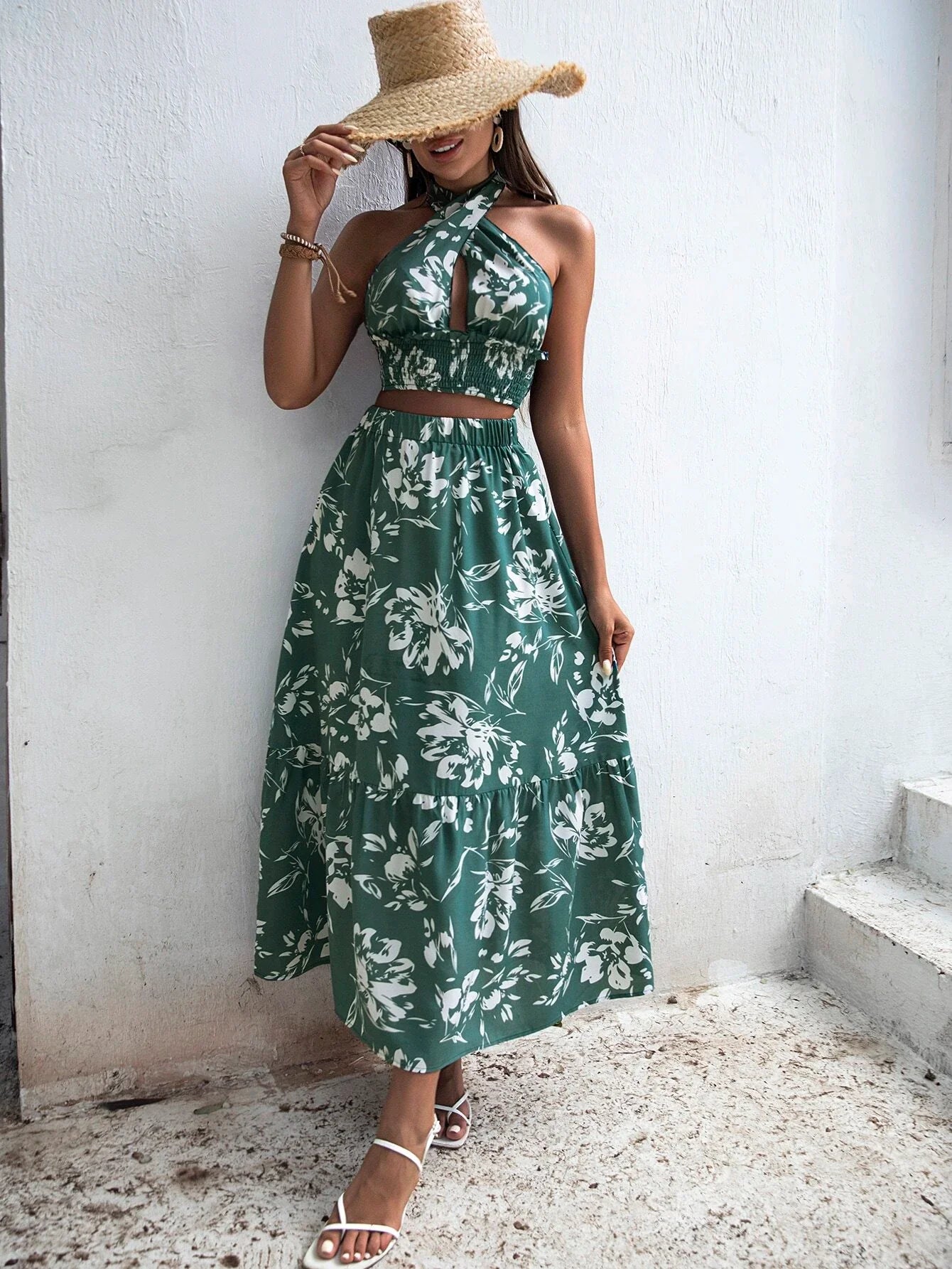 Buy SHEIN VCAY Floral Print Criss Cross Tie Back Crop Top & Ruffle Hem Skirt Set in Pakistan