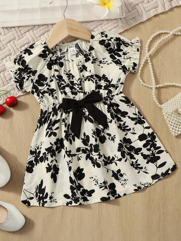 Buy SHEIN Baby Floral Print Puff Sleeve Bow Front Dress in Pakistan