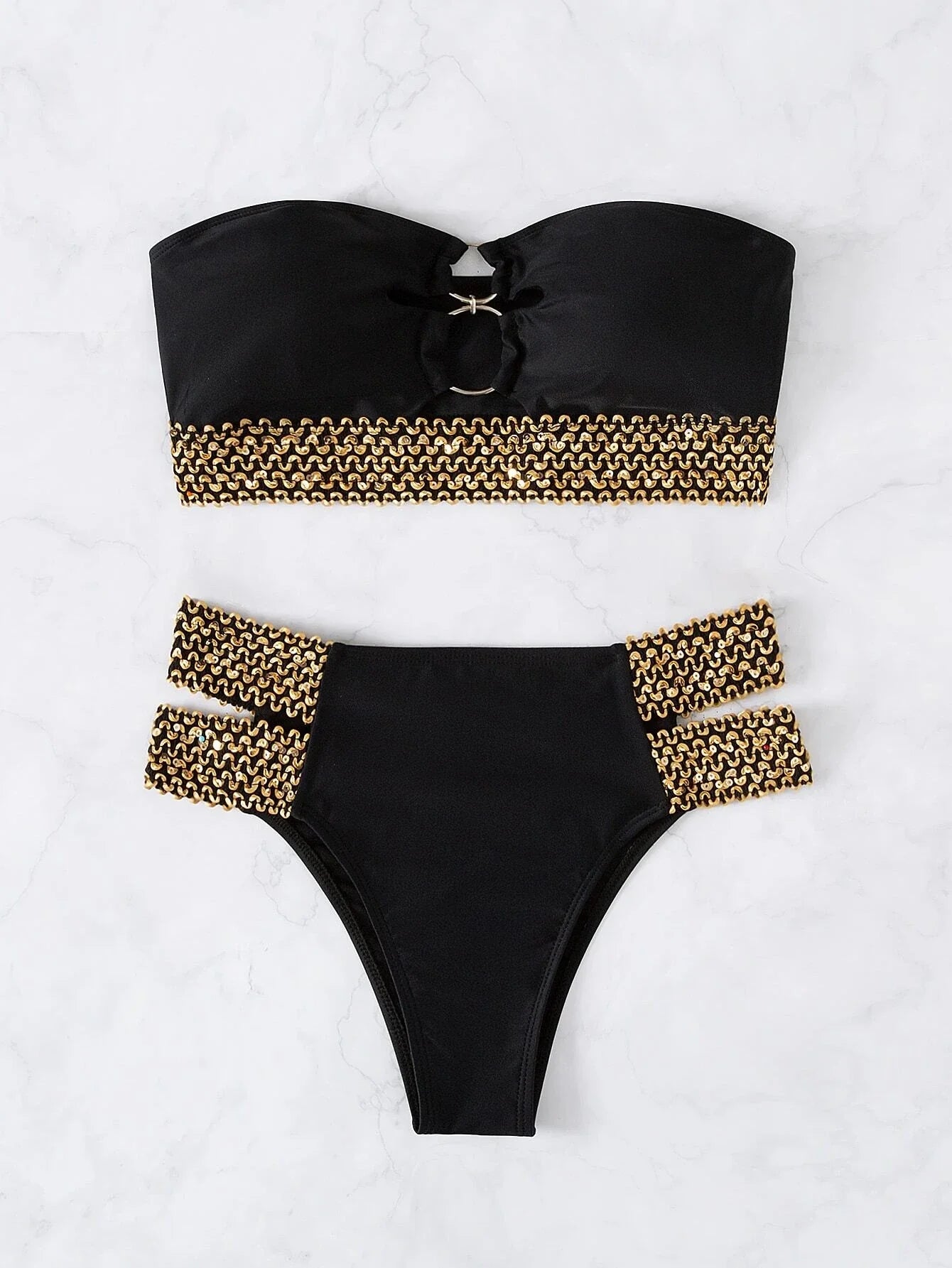 Buy SHEIN Stitch Detail Ring Linked Bandeau Bikini Swimsuit in Pakistan