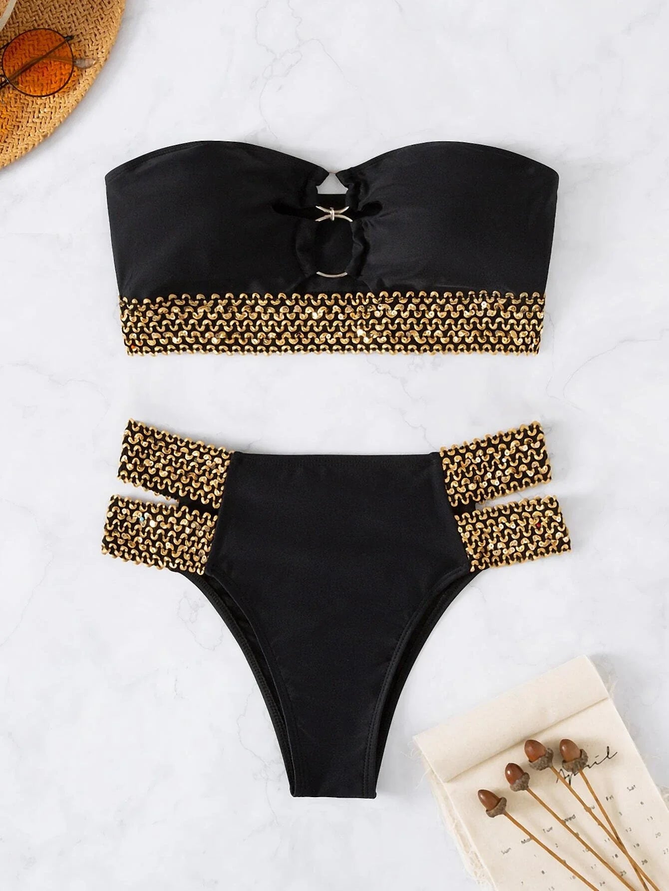 Buy SHEIN Stitch Detail Ring Linked Bandeau Bikini Swimsuit in Pakistan