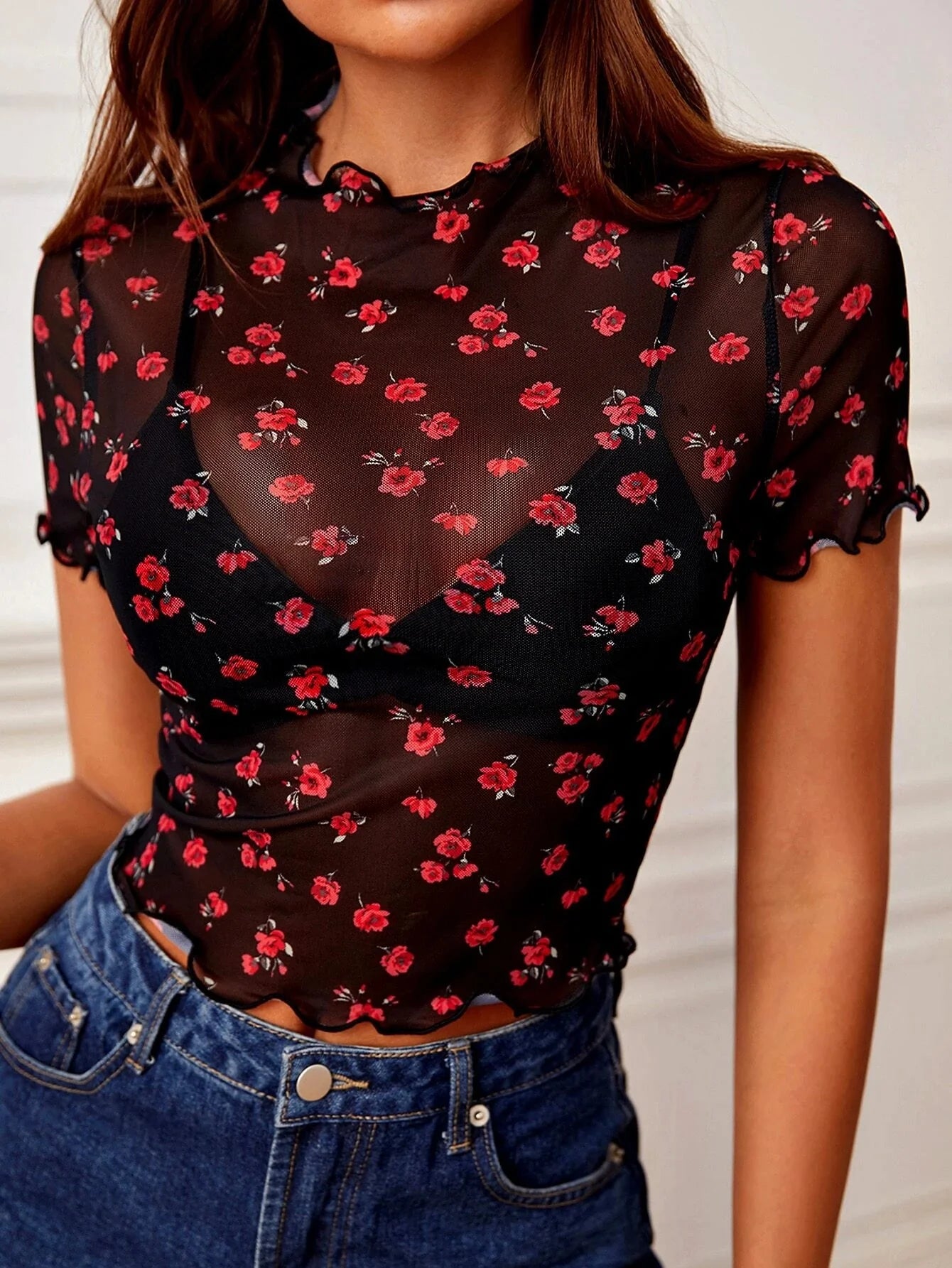 Buy SHEIN Frenchy Ditsy Floral Lettuce Trim Sheer Mesh Top Without Bra in Pakistan