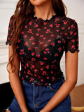 Buy SHEIN Frenchy Ditsy Floral Lettuce Trim Sheer Mesh Top Without Bra in Pakistan