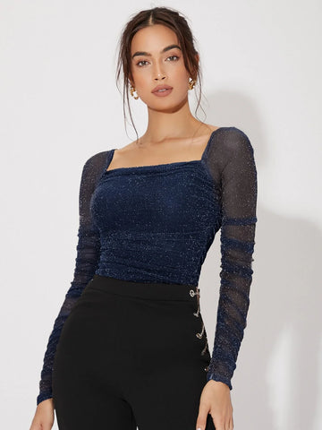 Buy SHEIN Felegant Mesh Panel Ruched Glitter Top in Pakistan