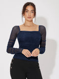 Buy SHEIN Felegant Mesh Panel Ruched Glitter Top in Pakistan