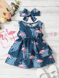 Buy SHEIN Baby Flamingo Print Layered Hem A Line Dress With Headband in Pakistan