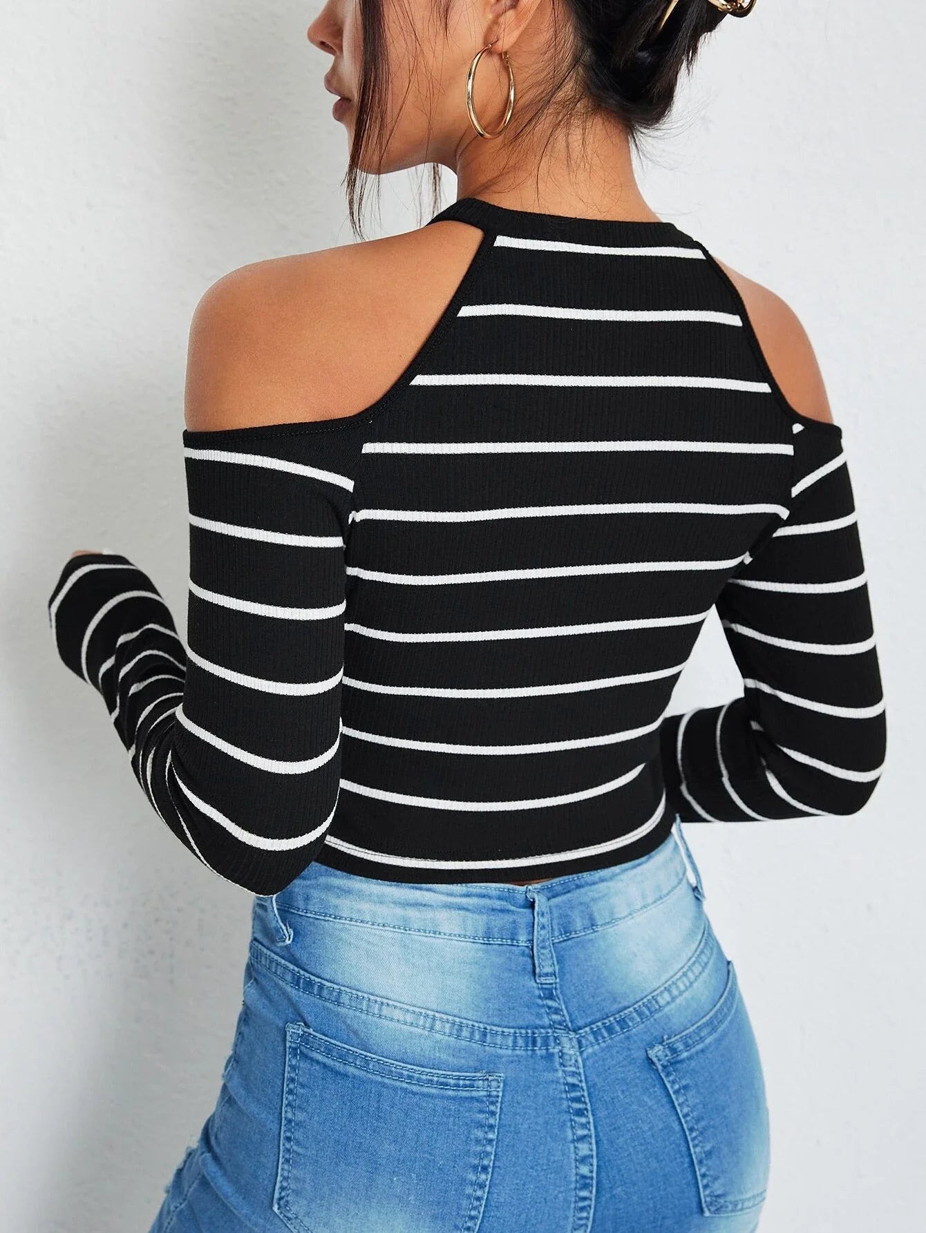 Buy SHEIN EZwear Striped Cold Shoulder Crop Tee in Pakistan