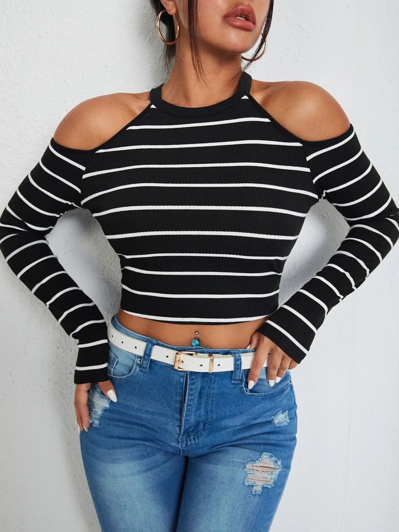 Buy SHEIN EZwear Striped Cold Shoulder Crop Tee in Pakistan