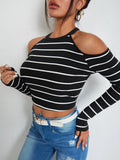 Buy SHEIN EZwear Striped Cold Shoulder Crop Tee in Pakistan