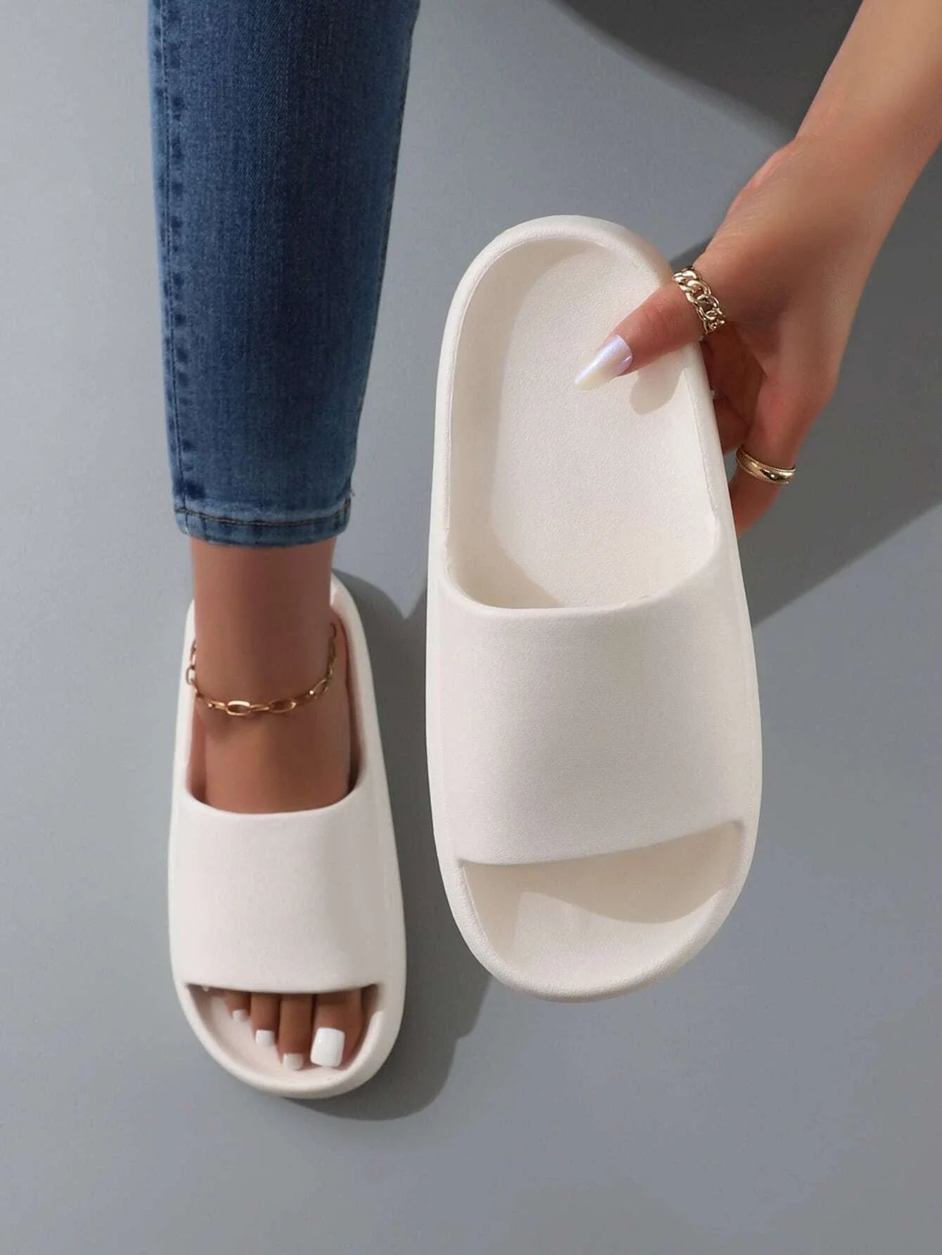 Buy SHEIN Fashion White Slippers For Women, Minimalist Single Band Slides in Pakistan