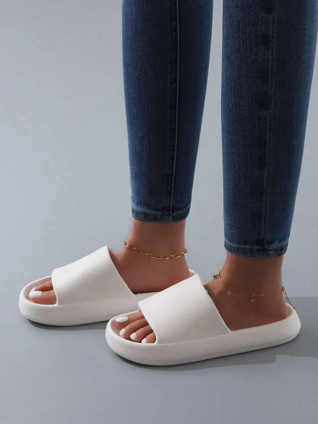 Buy SHEIN Fashion White Slippers For Women, Minimalist Single Band Slides in Pakistan