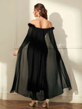 Buy SHEIN Modely Off Shoulder Fuzzy Trim Split Thigh Chiffon Prom Dress in Pakistan