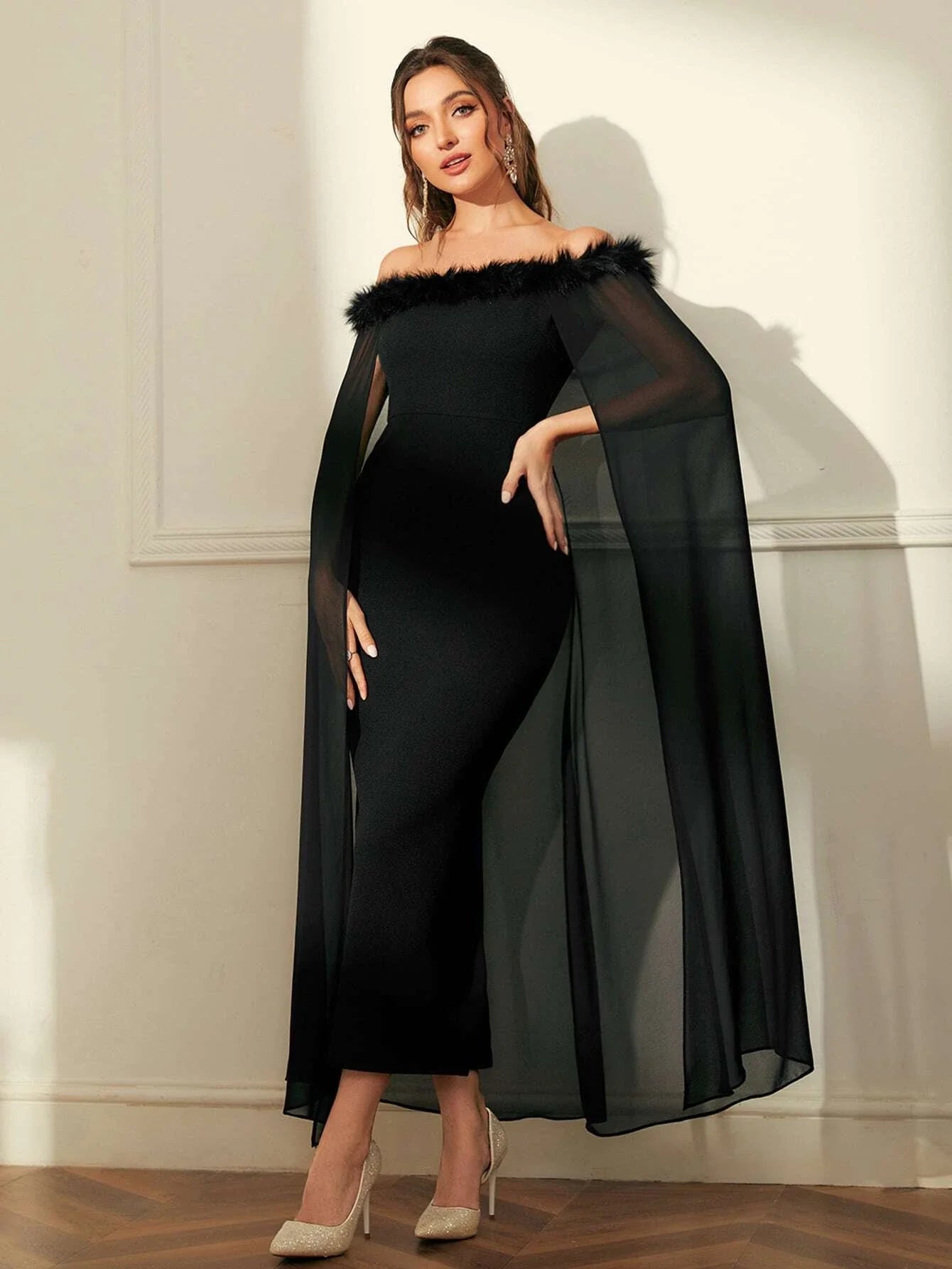 Buy SHEIN Modely Off Shoulder Fuzzy Trim Split Thigh Chiffon Prom Dress in Pakistan