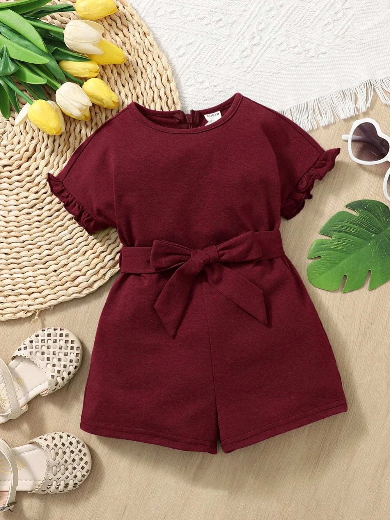 Buy SHEIN Baby Frill Trim Belted Romper in Pakistan