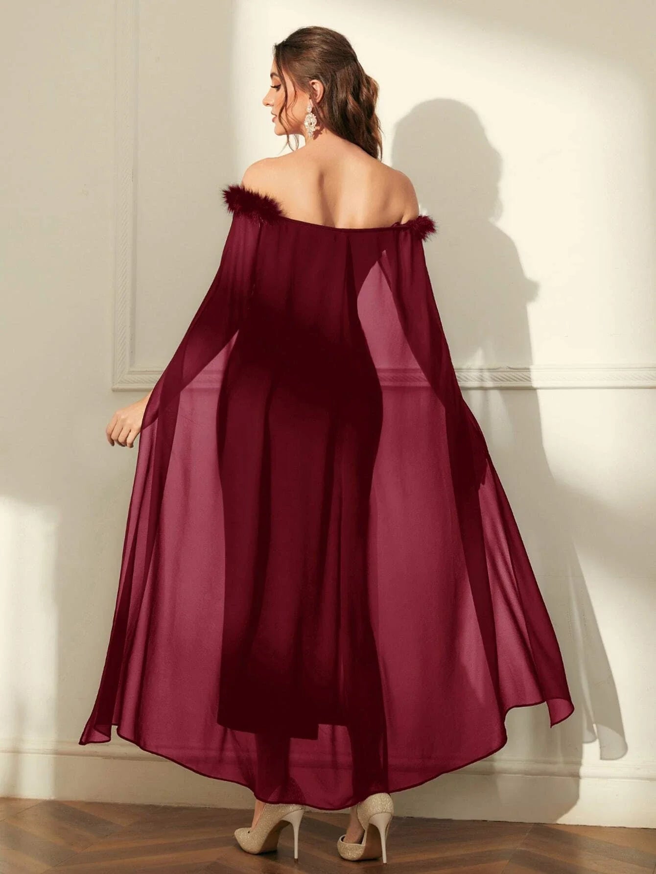 Buy SHEIN Modely Off Shoulder Fuzzy Trim Split Thigh Chiffon Prom Dress in Pakistan